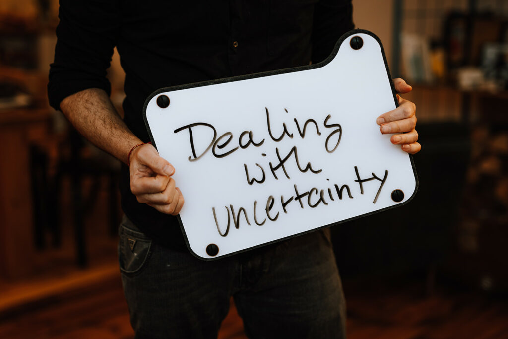 dealing with uncertainty written on a whiteboard in the shiftschool classroom
